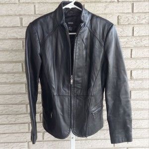 Alfani Black Genuine Leather Jacket w/Pockets & Zipper Accents Small EUC